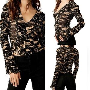 Free People Through the Meadow Ruched Bell Sleeve Floral Long Sleeve Top